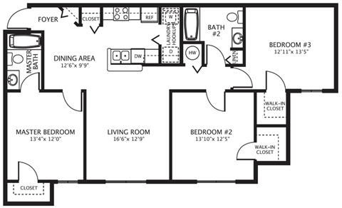 Floor plan for 3 beds, 2 baths, 1199 sqft